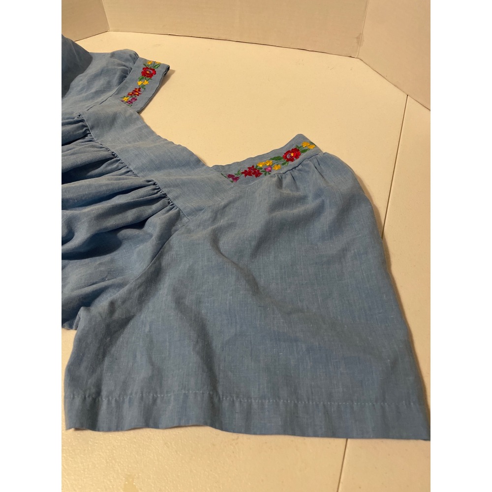 Vintage Style Blue Chambray Floral Embroidered Square Neck Peasant Dress Pockets - Picture 5 of 7